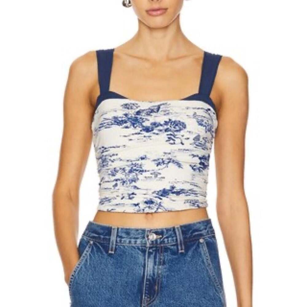 Free People Blue Ivory Toile de Jouy Ruched Printed 2 Tone Tank Top Small